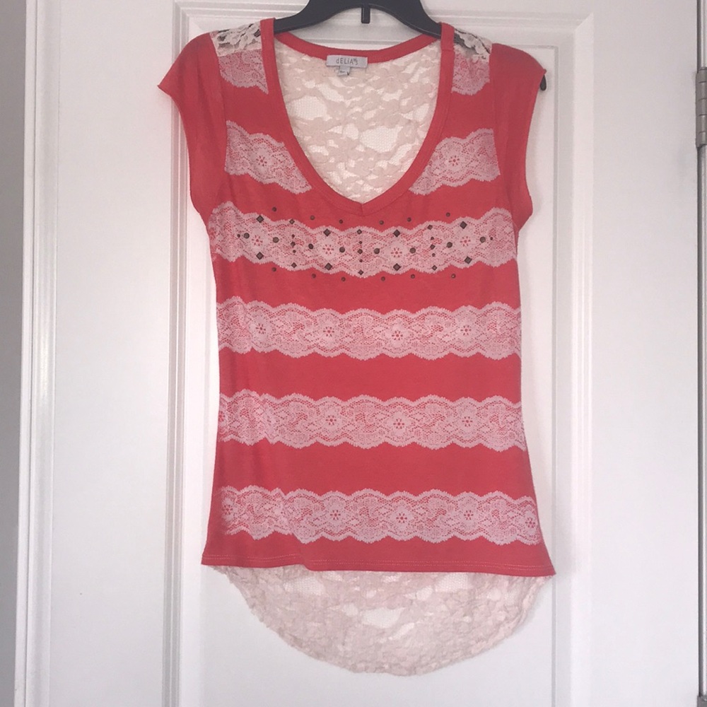 Delia’s coral & white lace back T-shirt - medium
